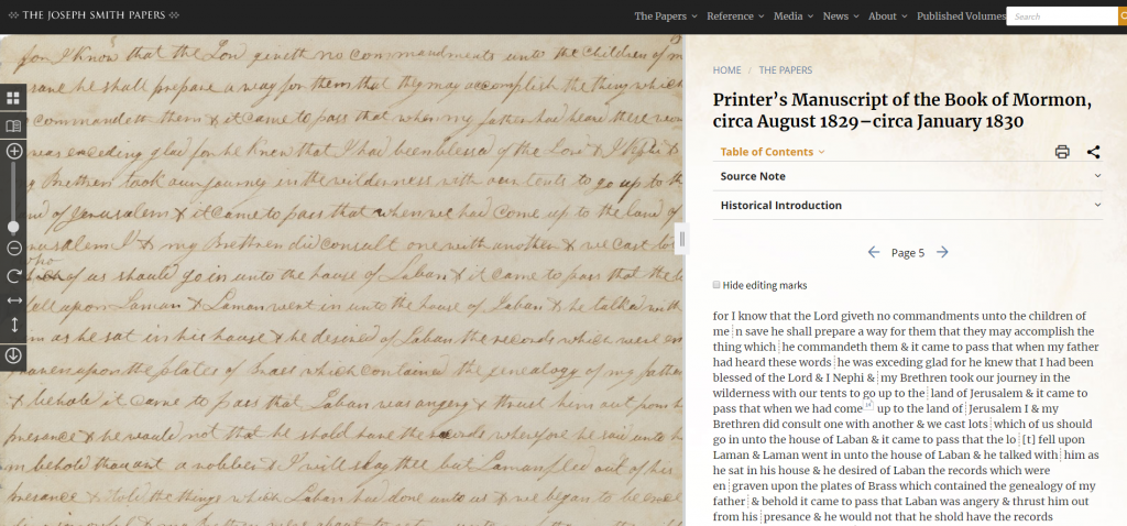 Manuscrito de impresión del Libro de Mormón original en línea